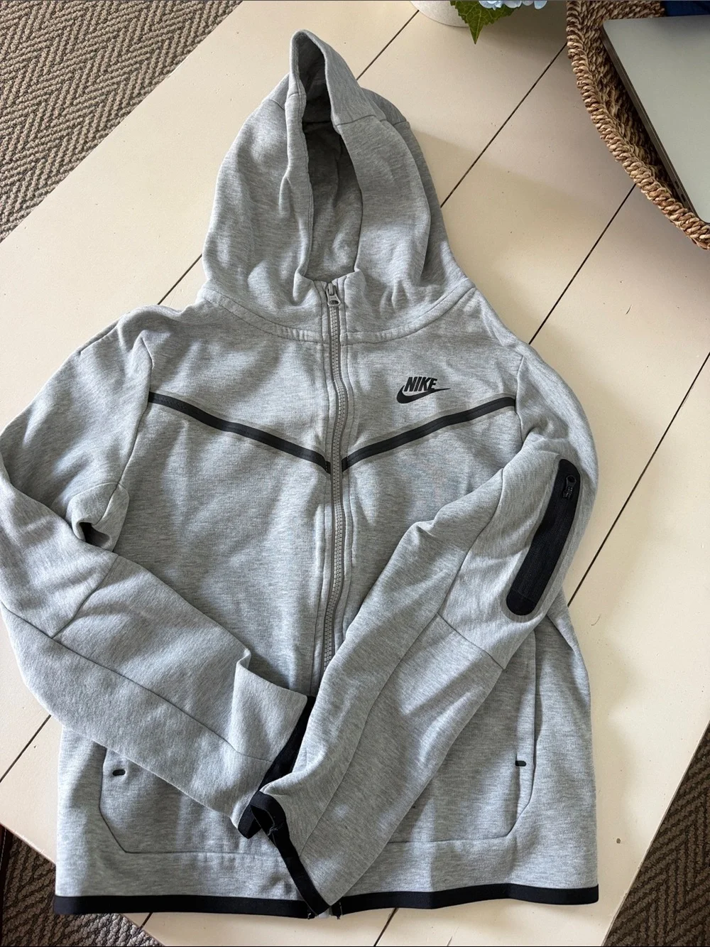 Nike Tech Youth Light Gray Hoodie with Black Accents Kids Zip-Up Sweatshirt